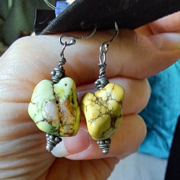 Rare Lime Green Chunky Spiderweb Turquoise Native American Navajo Silver Earring - Picture 5 of 10